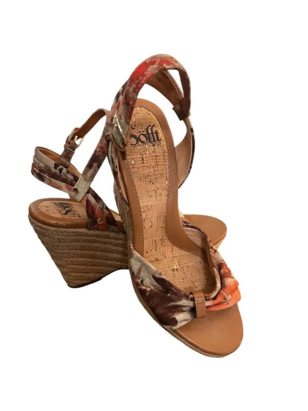 Sofft Peggie Tropical Espadrille Wedge Sandals Sz 10 Ankle Strap Cork Cushion